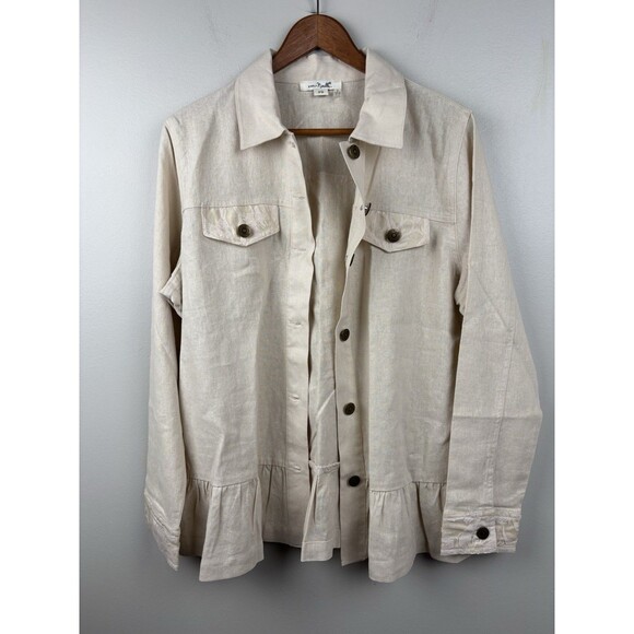 Simply Noelle Jacket Women S/M 8-10 Beige Linen Lace Ruffle Hem Rivet Button - Picture 4 of 13